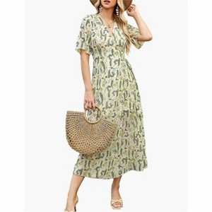 Clearlove Womens Summer Floral Maxi Dress Casual Boho V Neck Ruffle Short Sleeve Beach Long Dresses - 1 of 3