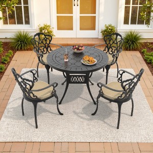 5-Piece Cast Aluminum Outdoor Dining Set with Beige Cushions, Rectangle Table & Ergonomic Chairs - for Patio, Backyard - 1 of 4