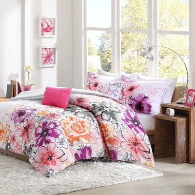 Pink Floral Microfiber Twin/Twin XL Comforter Set with Decorative Pillows