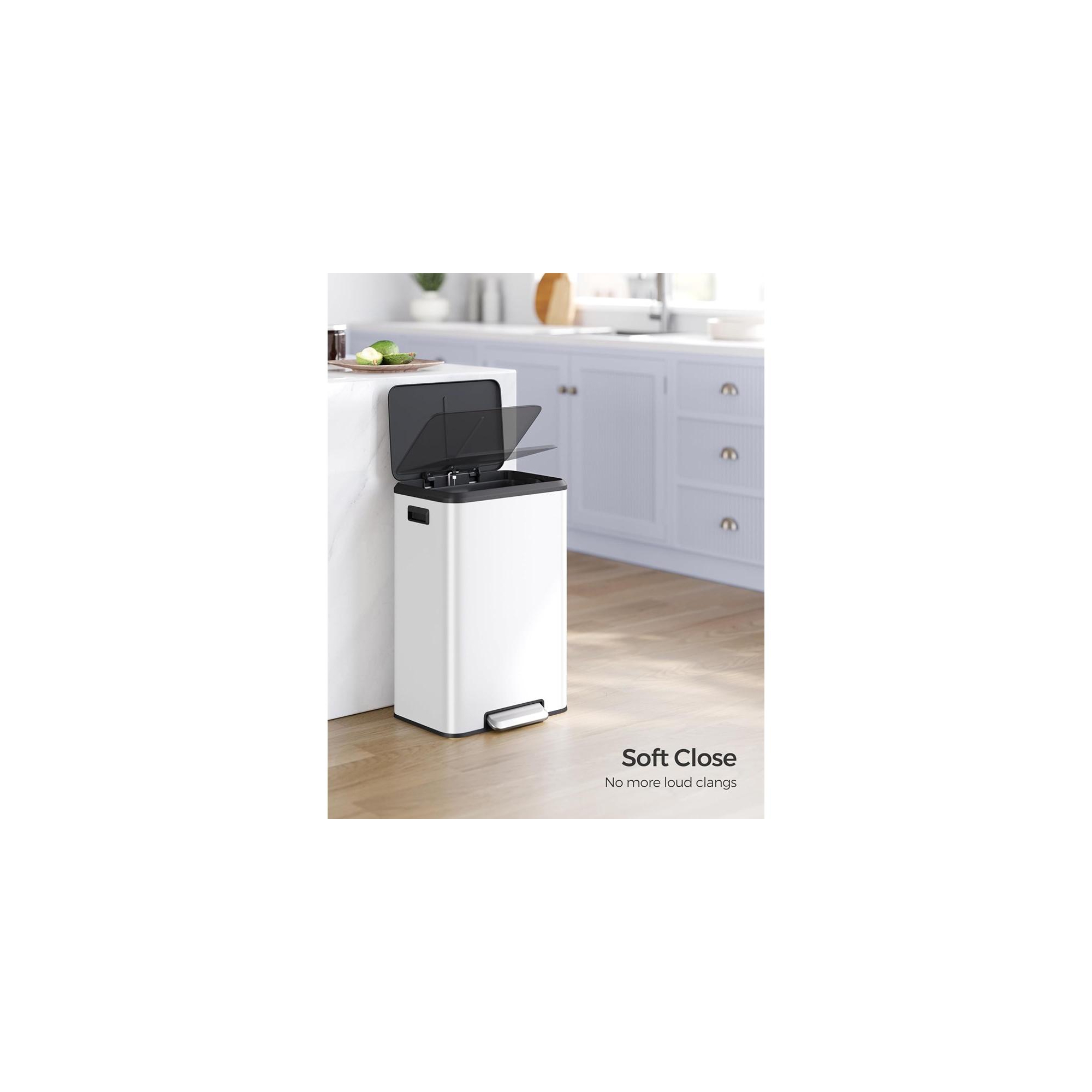 SONGMICS 10.5 Gallon Kitchen Trash Can, Garbage Can with Lid and Wide Foot Pedal, Soft Close and Stays Open, White
