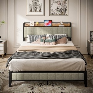 Grungis Queen Size Bed Frame with Charging Station,Metal Platform Bed with Upholstered Headboard for Bedroom - 1 of 4