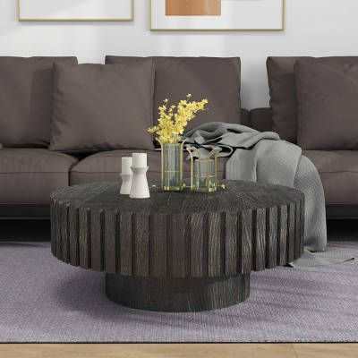 31.5'' Round Coffee Table with Grooved Edge,Wood Grain Textured Center Table for Living Room-Baofuwish