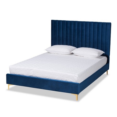 Full Serrano Velvet Fabric Upholstered And Metal Platform Bed Navy