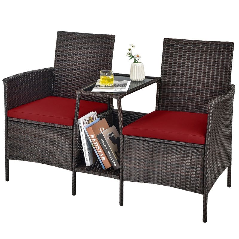 Costway Patio Rattan Wicker Conversation Set Sofa Cushioned Loveseat Glass Table, 3 of 10