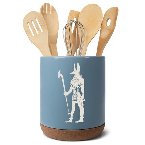 Elanze Designs Kitchen Utensil Holder With Non Slip Cork Base Large 8 Inch Ceramic Storage Crock Egyptian Icon Countertop Organizer Anubis Sky Blue - 1 of 4