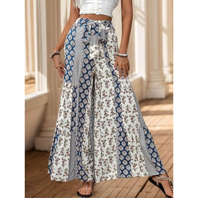 Coolmee Women Casual Boho Floral High Waist Wide Leg Pants With Belt Loose Flowy Ethnic Style Pants