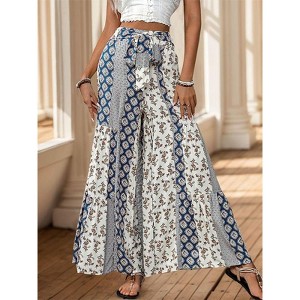 Coolmee Women Casual Boho Floral High Waist Wide Leg Pants With Belt Loose Flowy Ethnic Style Pants - 1 of 4