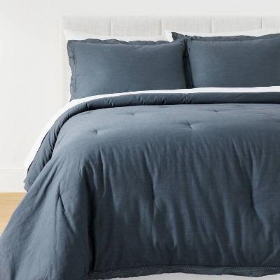 Full/Queen Raw Edge Hemstitch Cotton Slub Comforter & Sham Set Slate Blue - Threshold™ designed with Studio McGee