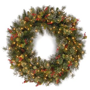 48" Prelit Wintry Pine Artificial Wreath with Pine Cones, Berries & Snowflakes Clear Lights - National Tree Company - 1 of 4