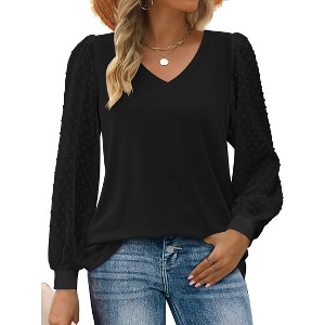 Zeagoo Women's Blouses Dressy Casual V Neck Top Swiss Dot Balloon Long Sleeve Shirts - 1 of 4