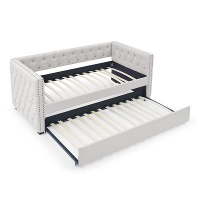 VYNXARIA Cozy Beige Tufted Daybed with Twin - Sized Trundle: Button - Adorned Square Arms for Ultimate Comfort