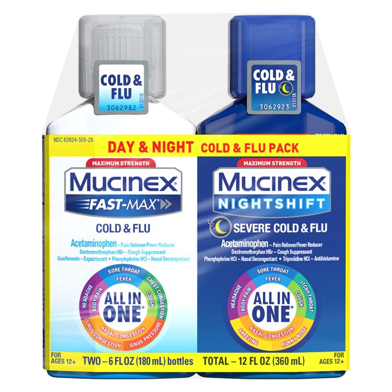 Mucinex Max Strength Cold &#38; Flu Medicine - Day &#38; Night - Liquid - 6 fl oz/2ct, 1 of 10