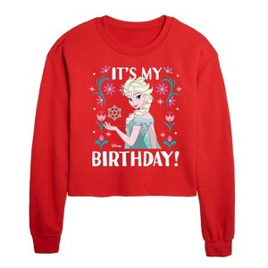 Disney Elsa It's My Birthday Cropped Long Sleeve Crew Neck Sweatshirt - Red - X-Large - 1 of 2