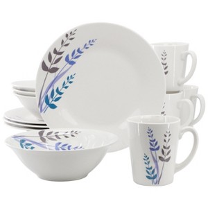 Gibson Home Blue Leaves 12 Piece Round Fine Ceramic Decorated Dinnerware Set in White - 1 of 4