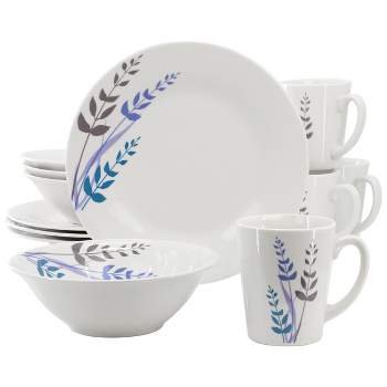 Gibson Home Blue Leaves 12 Piece Round Fine Ceramic Decorated Dinnerware Set in White