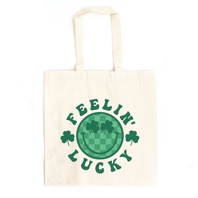 City Creek Prints Feelin Lucky Checkered Smiley Face Canvas Tote Bag - 15x16 - Natural