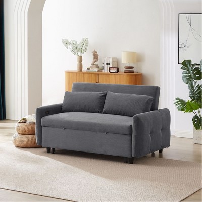 NicBex 57" Pull-Out Sofa Bed,Modern Convertible Loveseat Sofa with 2 Throw Pillows and USB Ports,Corduroy 2-Seater Couch for Living Room