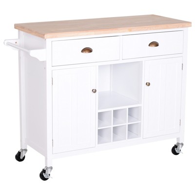 HomCom Kitchen Island Utility Cart on Wheels with Large Counter 2 Spacious Drawers & Storage Cabinets & Wine Storage