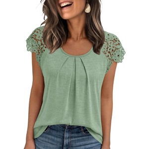 Women's Lace Top Pleated Short Sleeve Flowy Blouse Summer Loose Business Casual Dressy Shirts - 1 of 4