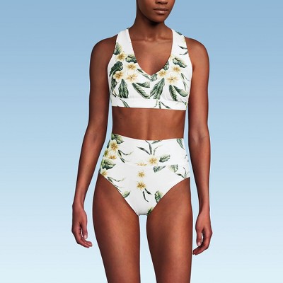 Lands' End Women's Chlorine Resistant V-neck Midkini Swimsuit Top and High Leg High Waisted Bottoms 2 Piece Set