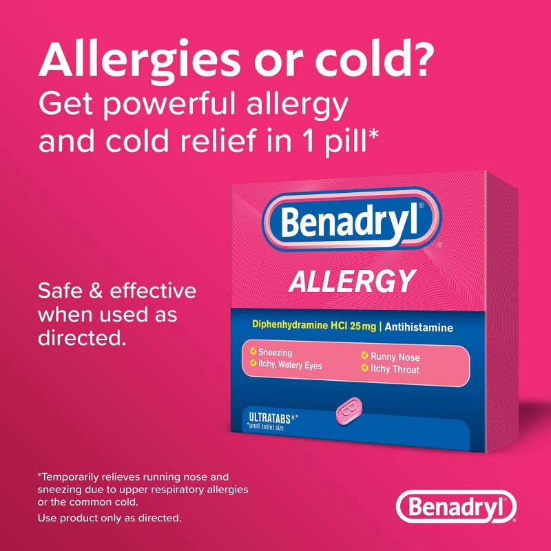 Benadryl Ultratabs Diphenhydramine Antihistamine Cold &#38; Allergy Relief Tablets - 24ct, 5 of 9