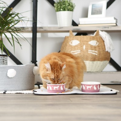 Small Rose Ceramic Cat Bowls with Non-Skid Base, Set of 2