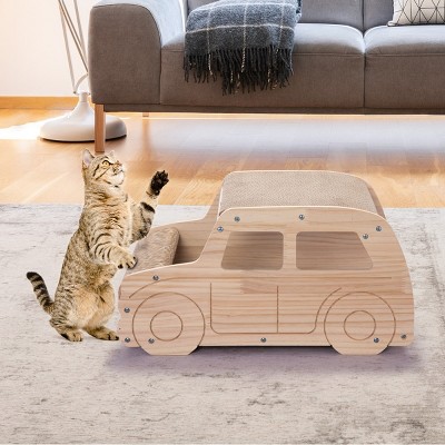 2-In-1 Wood Corrugate Cat Scratcher, Cardboard Cat House, Cat House With Car-Shaped-Cuddlewood