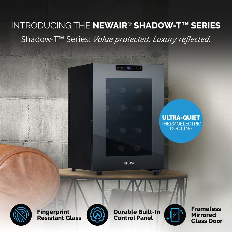 Newair Shadow-T Series Wine Cooler Refrigerator, 12 Bottle Countertop Mirrored Compact Wine Cellar, Small Freestanding Glass Door Wine Fridge, 2 of 17