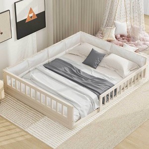 ALEXOUN Full Size Floor Bed with Guardrail, Full Size Upholstered Platform Bed Frame for Kids, Boys Girls, Slats Included, No Box Spring Needed - 1 of 4