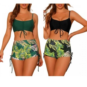 INSPIRE CHIC Women's Drawstring Push-Up Top Tropical Print High Waist Shorts Swimwear Bathing Suits 2 Sets - 1 of 4