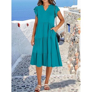 Womens Summer Ruffle Sleeve V Neck Midi Dress Casual Fit Flowy Ruffle Tiered Boho Dress - 1 of 4