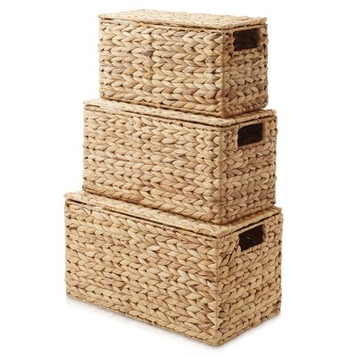 Set of 3 Natural Seagrass Rectangular Storage Baskets with Lids
