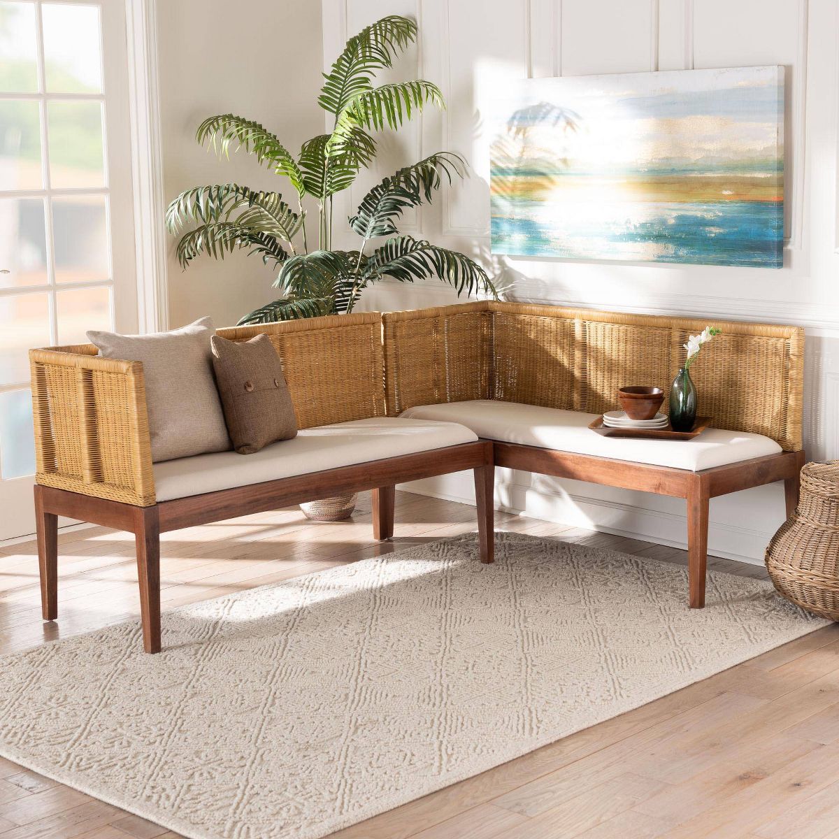 bali & pari 2pc Tabanan Rattan and Acacia Wood Dining Nook Banquette Set Brown/White: Foam Padded, Polyester Upholstery, No Assembly Required - thumbnail 2