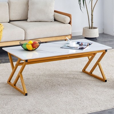 CAVINAS Coffee Tables for Living Room Rock Slab Material Coffee Table with Golden Metal Legs for Dining Room