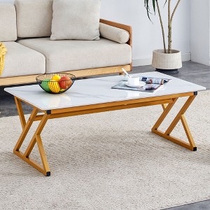 CAVINAS Coffee Tables for Living Room Rock Slab Material Coffee Table with Golden Metal Legs for Dining Room - 1 of 4