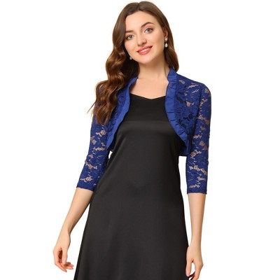 Allegra K Women's Elegant Ruffle Collar Sheer Floral Lace Crop Shrug