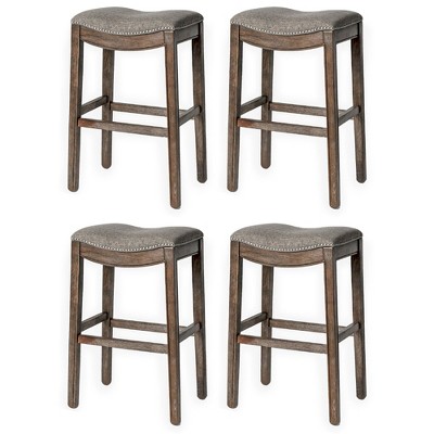 Elegant Gray Wirebrush Wood Saddle Kitchen Stool, Set of 4