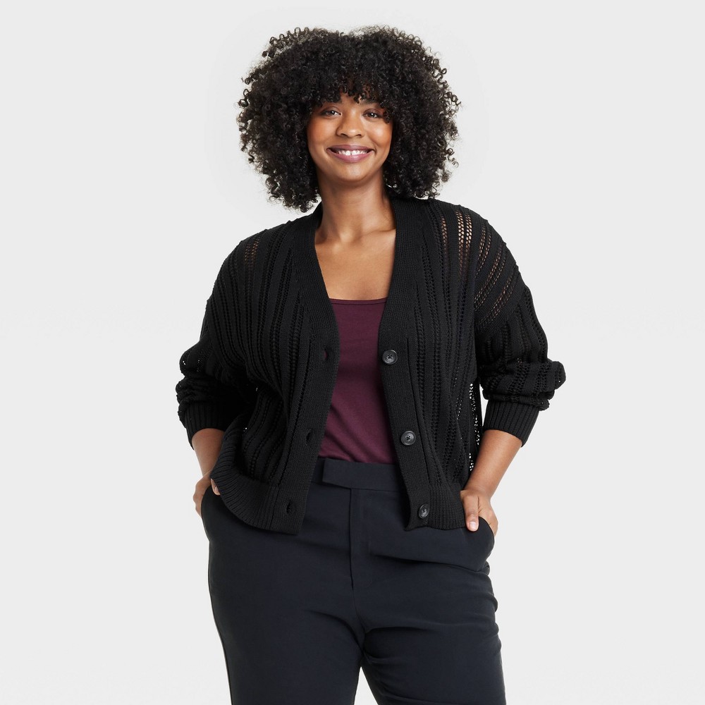 Women's Openwork Cardigan - A New Day™ Black 3X: Midweight, Long Sleeve, Open Front