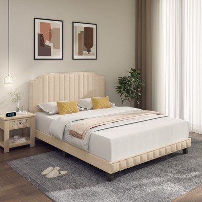 Infans Queen Upholstered Bed Frame with linen fabric vertical lines Rivets headboard