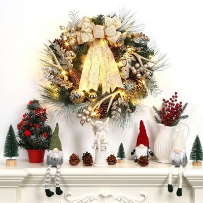24 Inch Christmas Wreath with Timer, Pre-Lit Xmas Wreath with 20 Antlers Bowknot Pine Cones Balls, Wreath for Front Door Indoor Outdoor