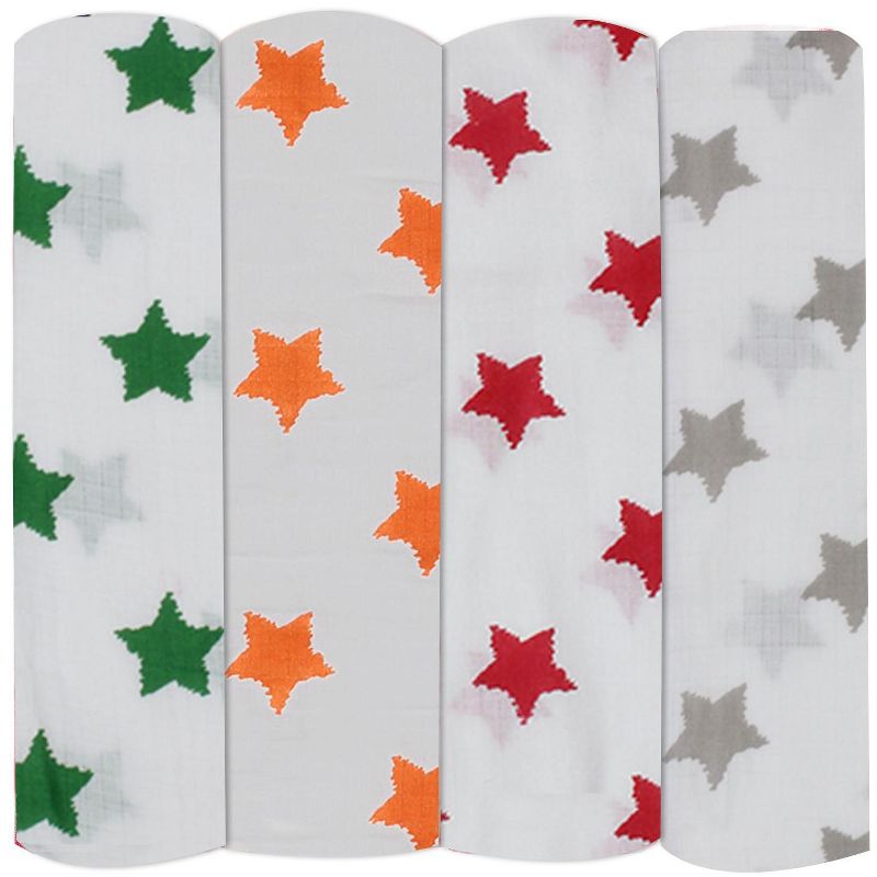 Bacati - Stars Neutral Swaddling Muslin Blankets of 4 (Green,Orange,Red,Gray), 4 of 6