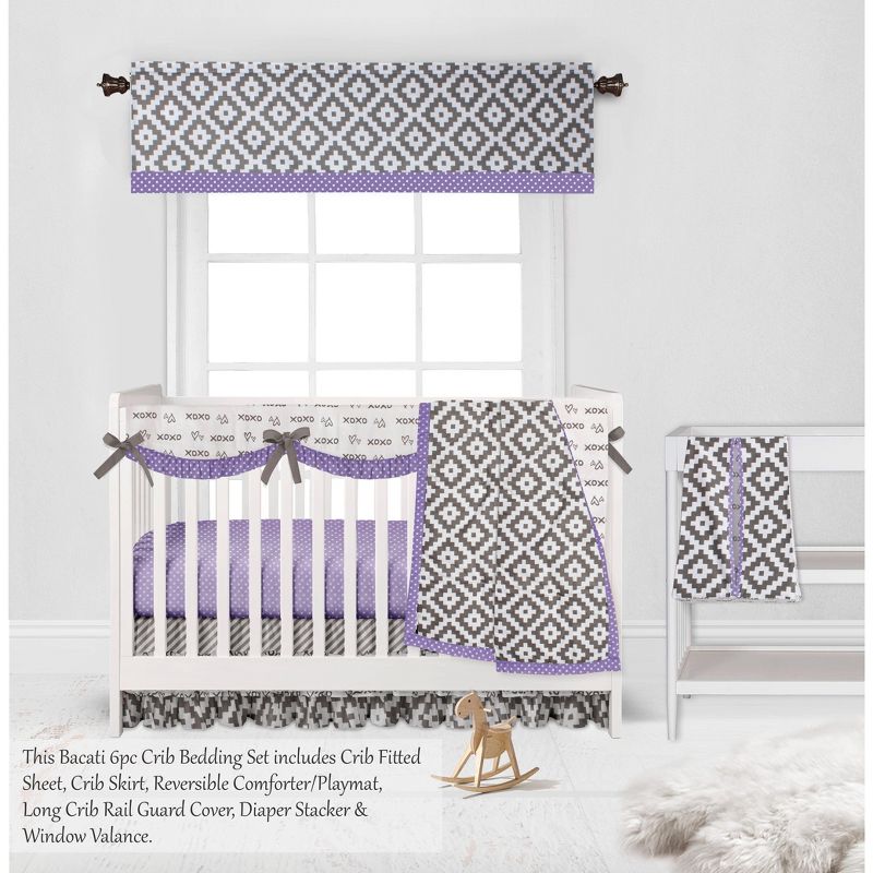 Bacati - Love Design/Print Gray Lilac 6 pc Crib Bedding Set with Long Rail Guard Cover, 5 of 12