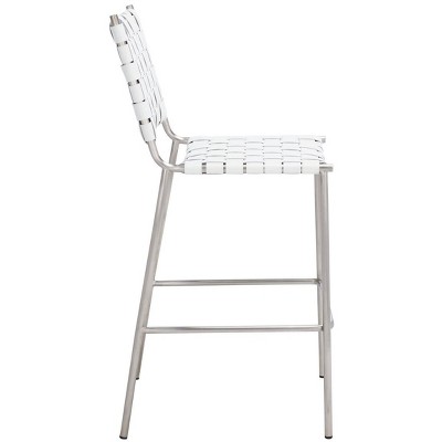 Saddle Style Woven White Leather Counter Stool with Silver Metal Base