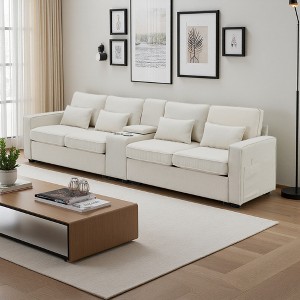 114.2" Linen Sectional Sofa with Console, Cup Holders & Charging - 1 of 4