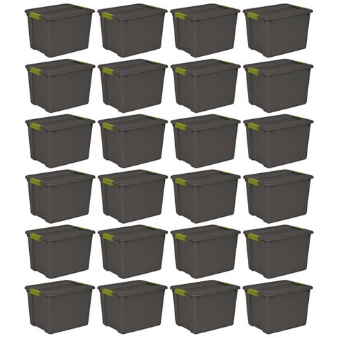  Sterilite 45 Gallon Heavy Duty Plastic Stackable Storage  Container Tote with Wheels and Latching Indexed Lid for Home Organization,  Gray, 12 Pack