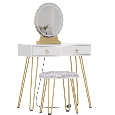 Makeup Vanity Table Set, Makeup Station with Light-Controlled Mirror, Concealed Drawers, Padded Stool