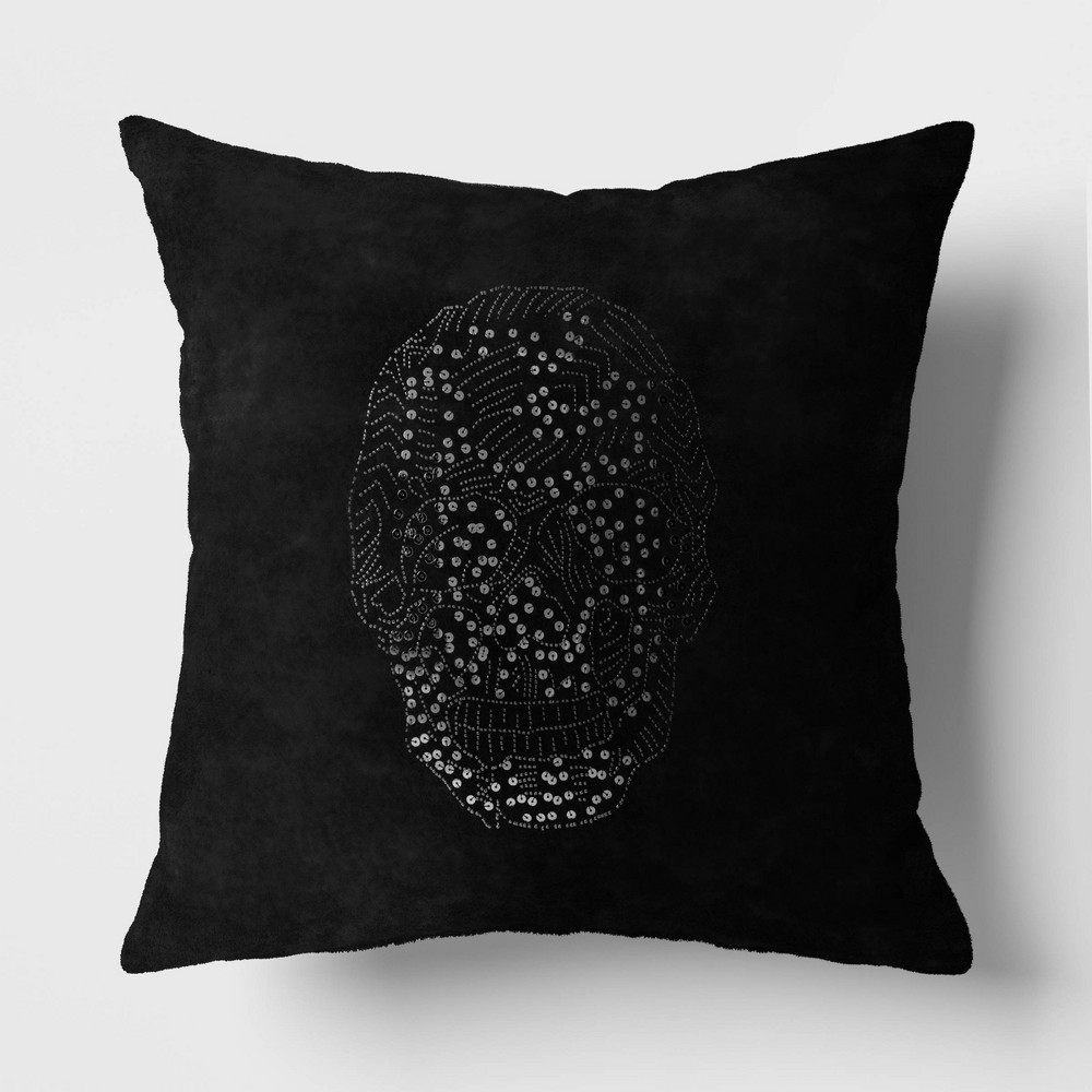 Photos - Pillow Beaded Skull Velvet Square Throw  Cover Black - Threshold™