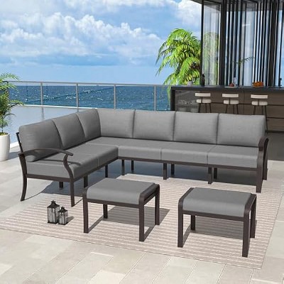 ALAULM Aluminum Patio Furniture Set Modern Metal Outdoor Conversation Sets w/45in Propane Fire Pit Table, Patio Sectional Sofa w/5.1 Inch Cushion