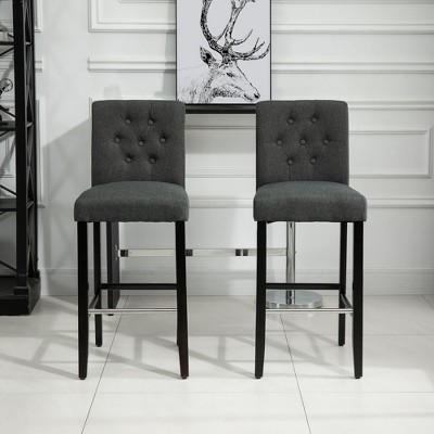 Gray Linen Upholstered Armless Bar Stools with Wood Legs