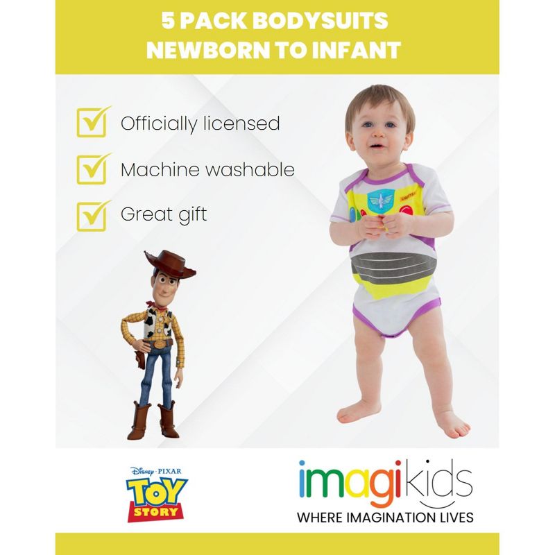 Disney Pixar Toy Story Rex Slinky Dog Buzz Lightyear Baby 5 Pack Bodysuits Newborn to Infant, 2 of 8